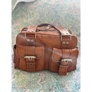 Vintage Michal Kors Cognac Leather Satchel-Buckle Pocket Detail